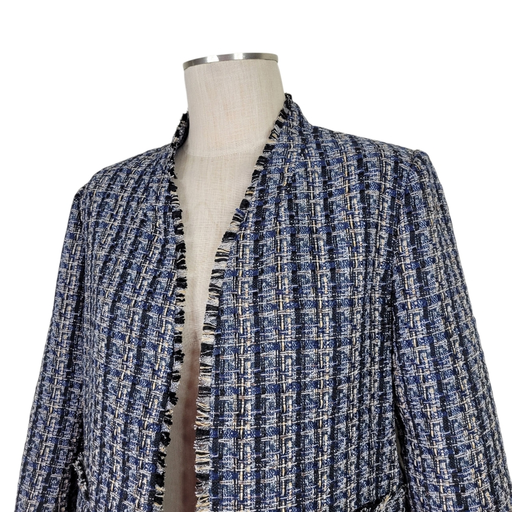 Ann Taylor Factory Tweed Skirt Suit 12 Black Tan Fringe Trim Pockets Open Front - Picture 3 of 11